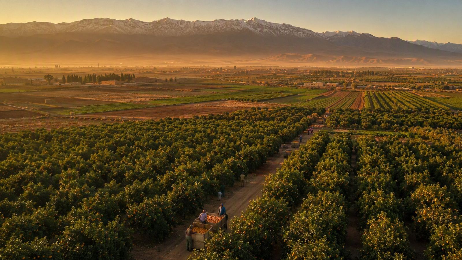 Citrus orchards and farmland below the Atlas Mountains, Morocco