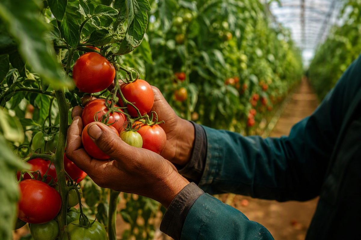 Harvesting ripe tomatoes in a Moroccan greenhouse
